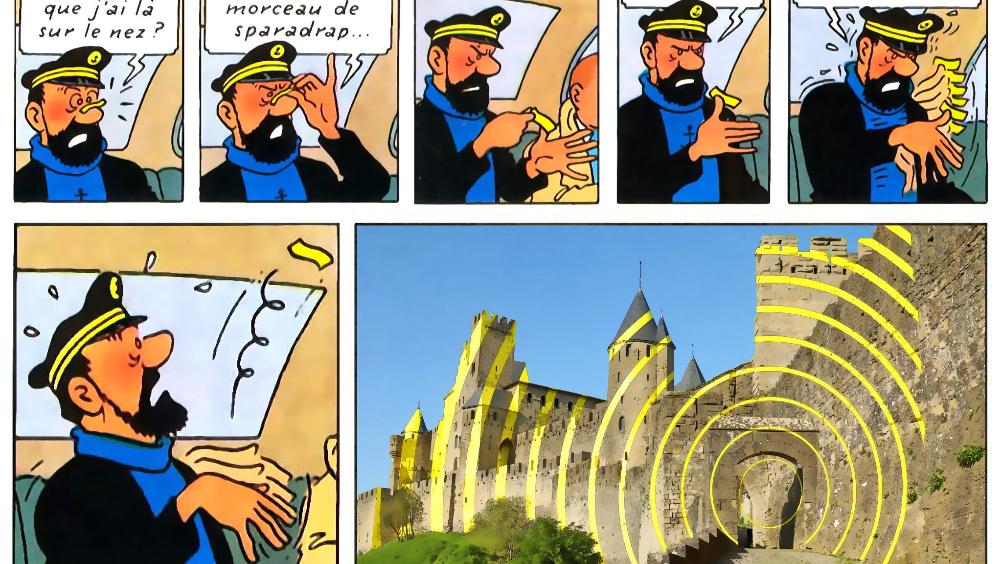 Montage photo associant le capitaine haddock avec la Cité de Carcassonne